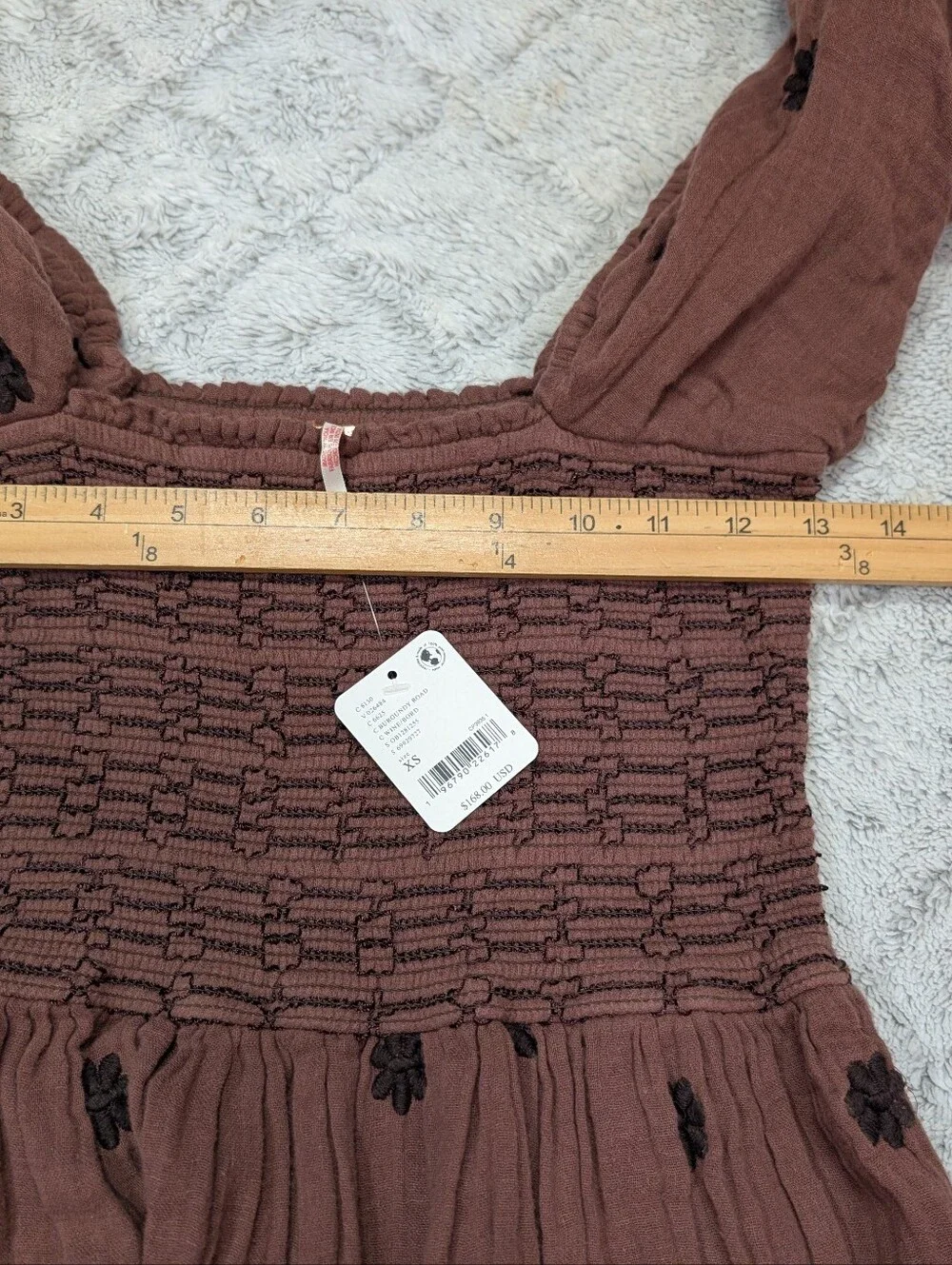 Free People Dress Womens XS Brown Burgundy Road Dahlia Embroidered Tier Maxi